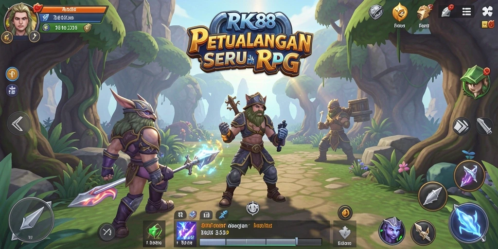 Screenshot utama RK88 menampilkan aksi pertarungan epik di dunia RPG.