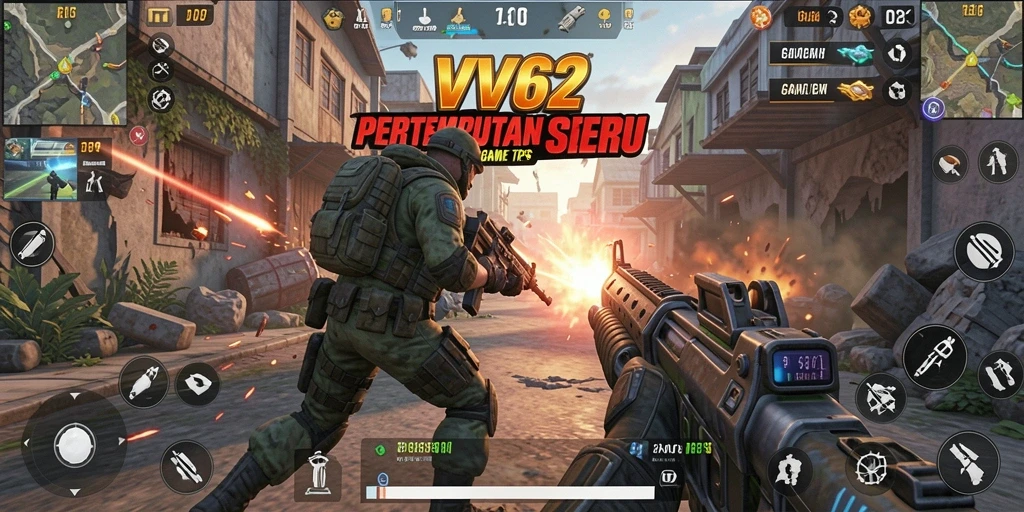 Screenshot gameplay VV62 menampilkan aksi pertempuran yang intens.